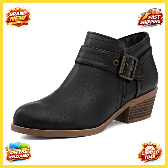 Women's Ankle Boots Chunky Stacked Heel Round Toe Side Zipper Comfortable